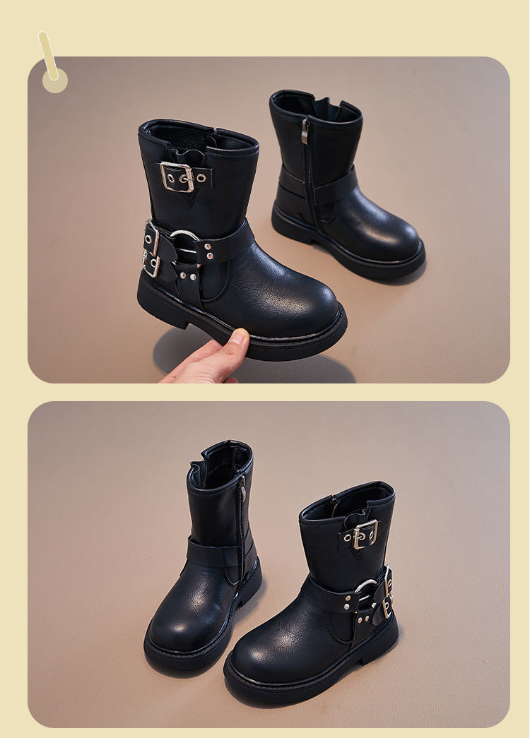 DOUBLE BUCKLE ZIP-UP WINTER BOOTS - BLACK