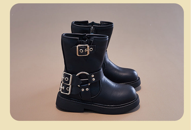 DOUBLE BUCKLE ZIP-UP WINTER BOOTS - BLACK