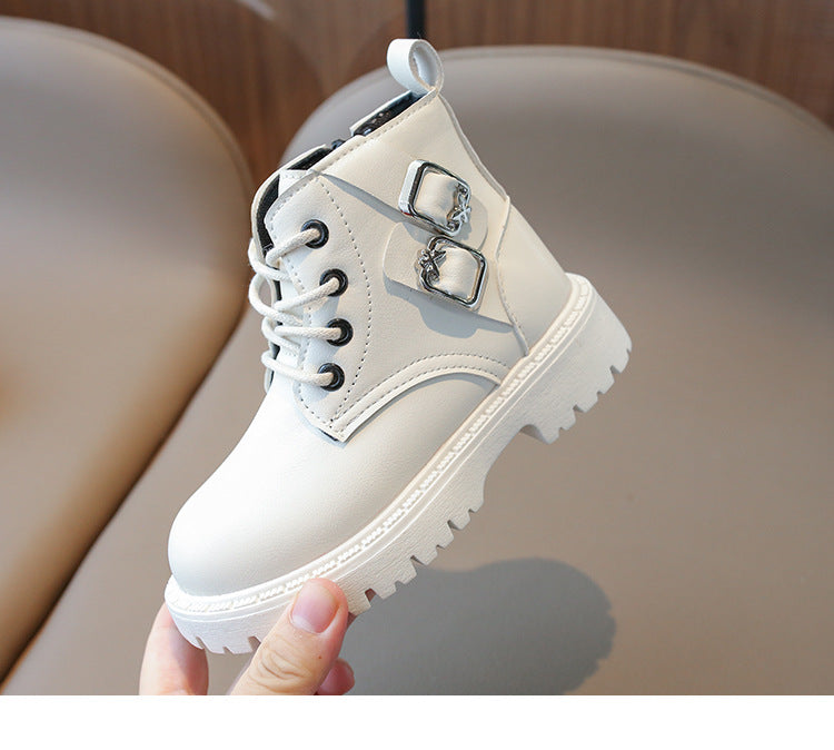 BUCKLE APPLIQUE LACE-UP HIGH TOP BOOTS - WHITE