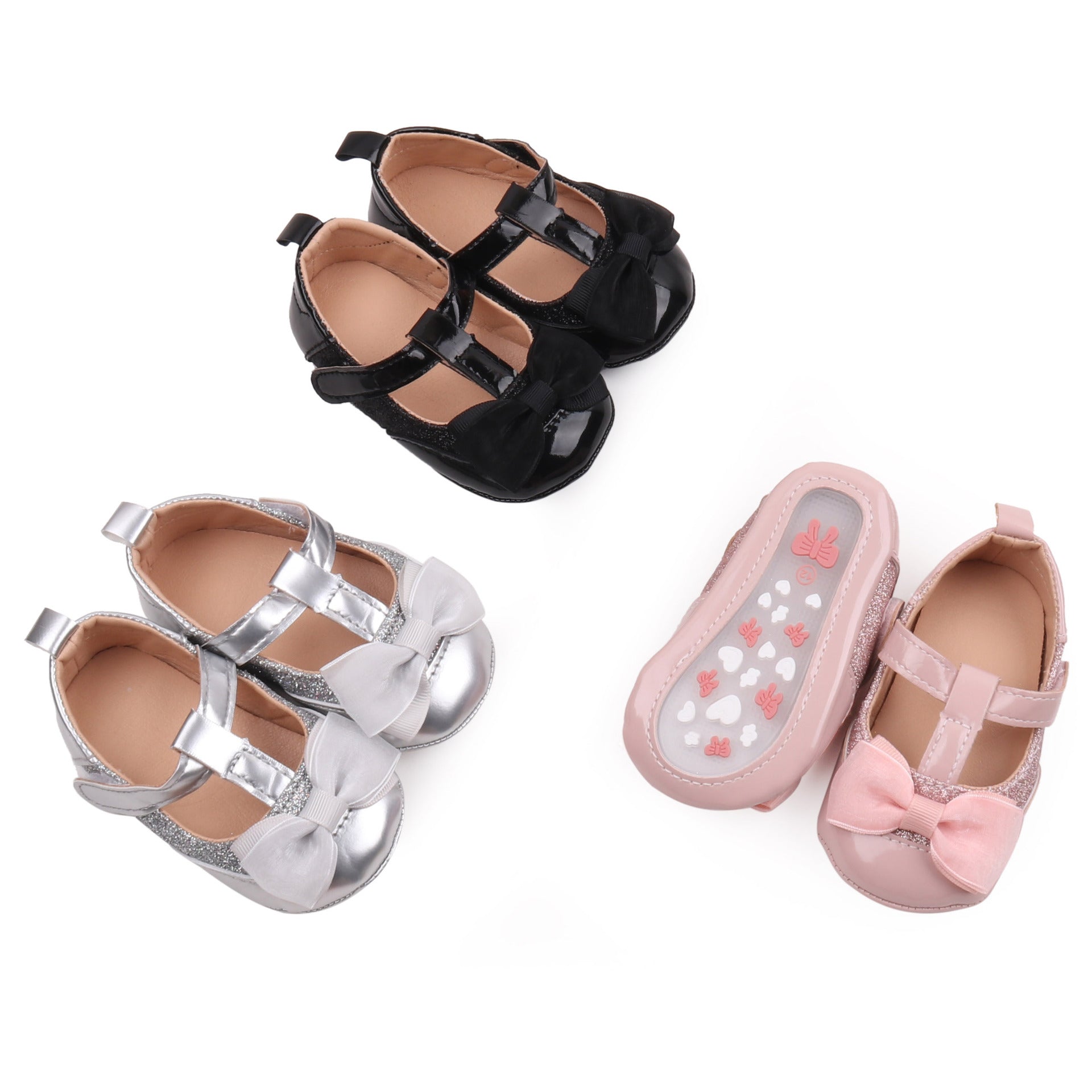 Glittered Detailed Bow Applique T-Strap Booties