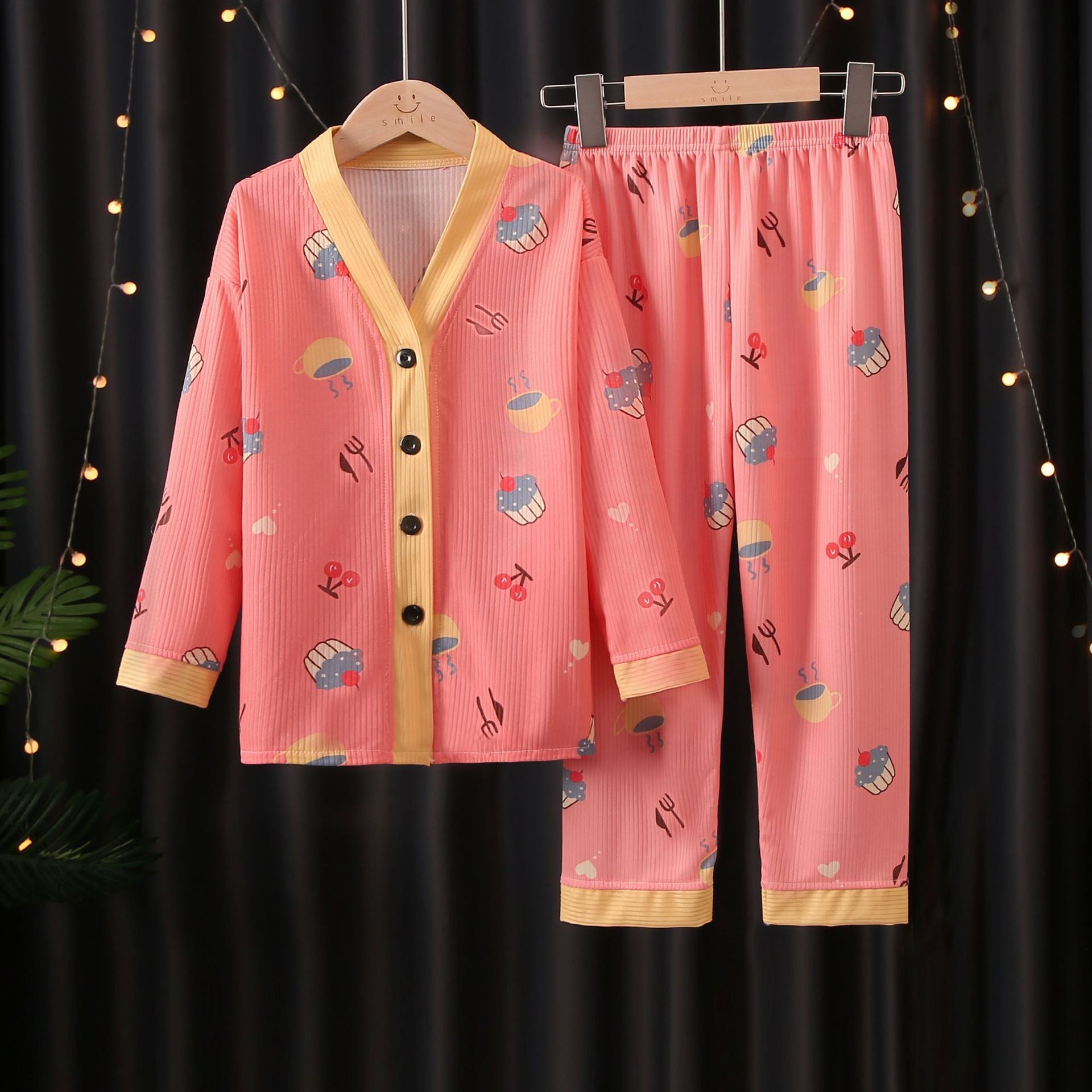 CUP CAKE & CHERRY PRINT BUTTON-UP FULL SLEEVES NIGHT SUIT - PINK