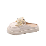 BEADED & PEARL BOW APPLIQUE MULES - WHITE