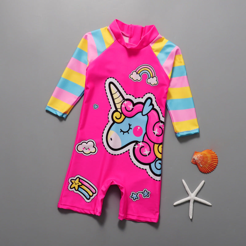 Stripes & Unicorn Printed Legged Swimsuit - Dark Pink