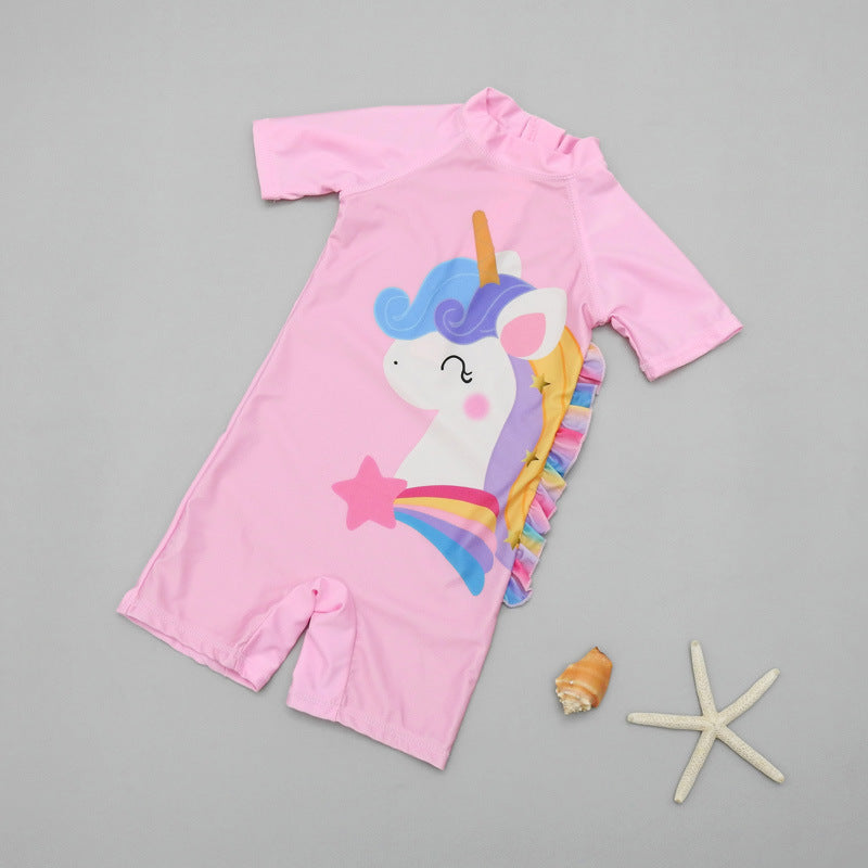 Star Unicorn & Frill Applique Legged Swimsuit - Light Pink