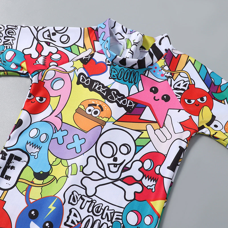 All Over Cartoons Printed Legged Swimsuit - Multicolor