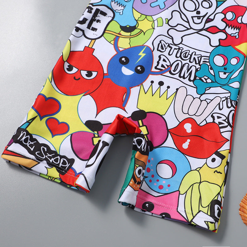 All Over Cartoons Printed Legged Swimsuit - Multicolor