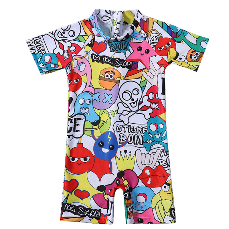All Over Cartoons Printed Legged Swimsuit - Multicolor