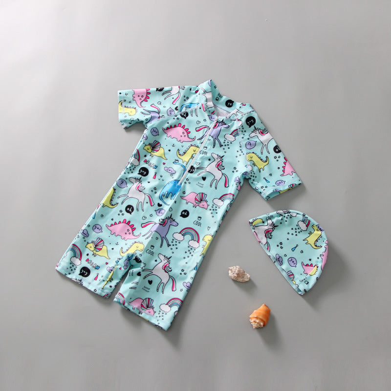 Unicorn & Rainbow Printed Legged Swimsuit With Cap - Blue