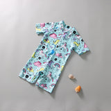 Unicorn & Rainbow Printed Legged Swimsuit With Cap - Blue