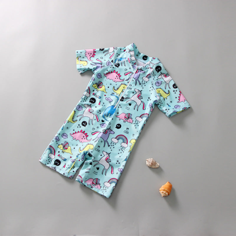 Unicorn & Rainbow Printed Legged Swimsuit With Cap - Blue