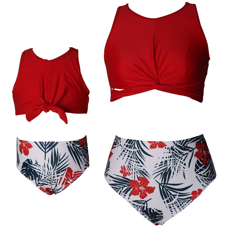 Knot Detailed Leaves Printed 2 Piece Swimsuit - Red