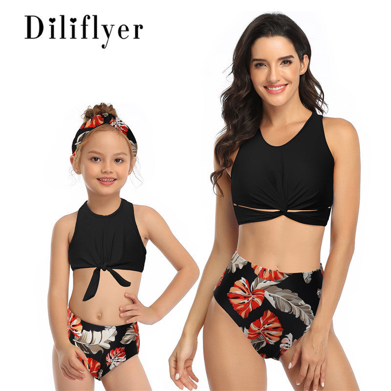 Knot Detailed Leaves Printed 2 Piece Swimsuit - Black