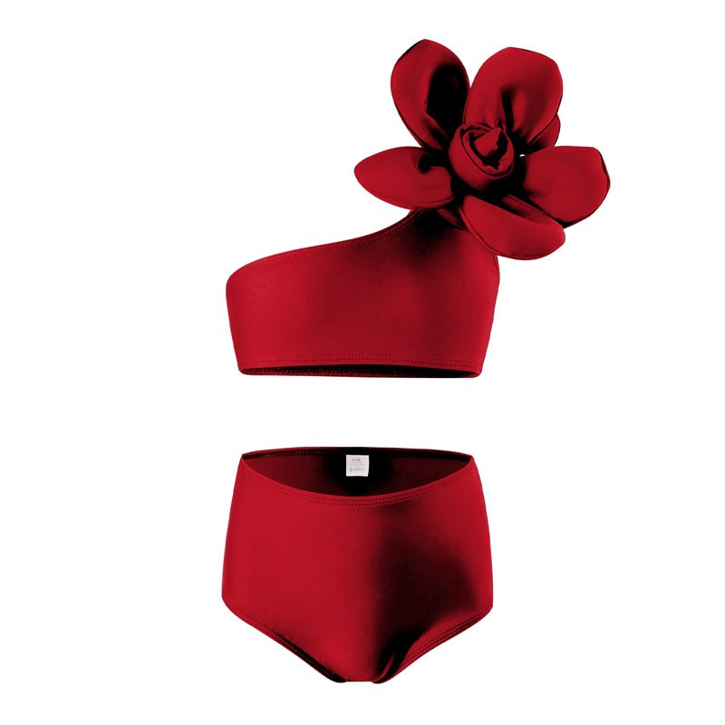 Off Shoulder Flower Applique 2 Piece Swimsuit - Maroon