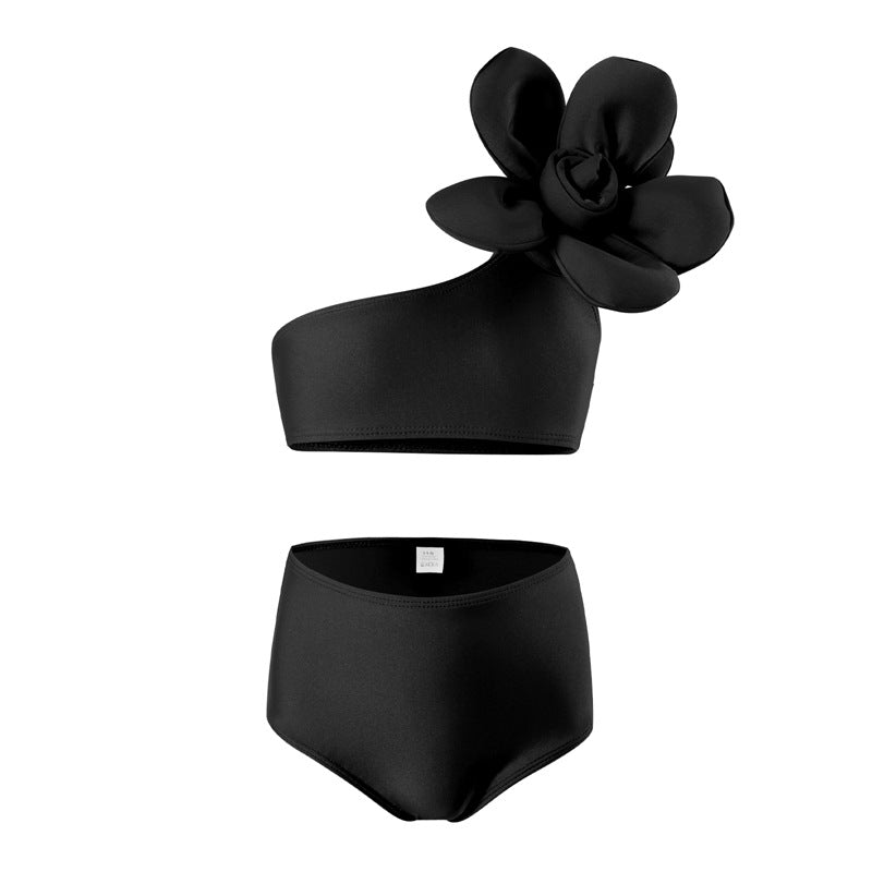 Off Shoulder Flower Applique 2 Piece Swimsuit - Black