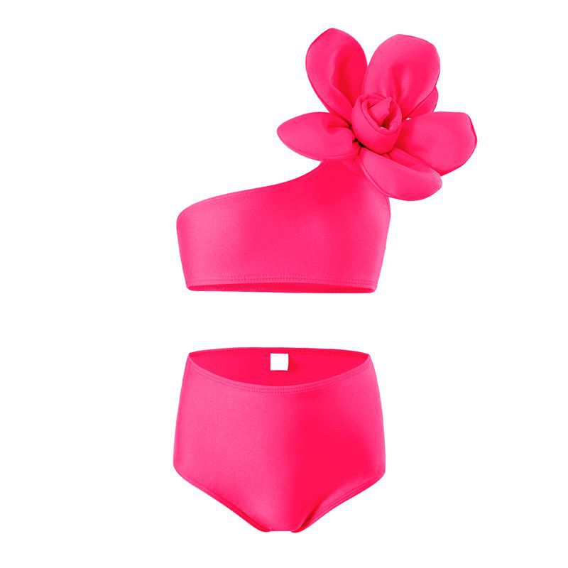 Off Shoulder Flower Applique 2 Piece Swimsuit - Neon Pink