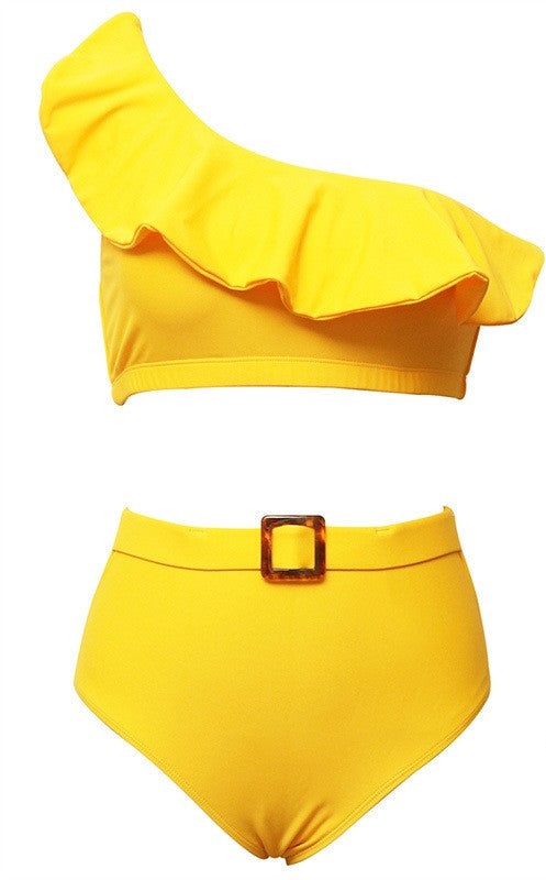 Off Shoulder Ruffled Detailed Buckle Applique 2 Piece Swimsuit - Yellow