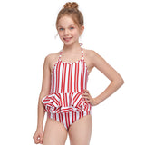 Halter Neck Ruffled Stripes V Cut Swimsuit - Red