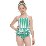 Halter Neck Ruffled Stripes V Cut Swimsuit - Green