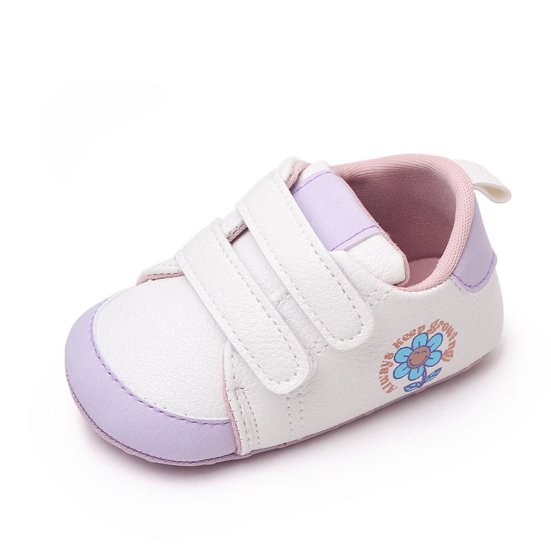 FLOWER PRINT DOUBLE VELCRO BOOTIES - WHITE & PURPLE