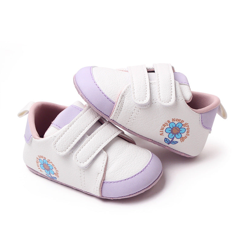 FLOWER PRINT DOUBLE VELCRO BOOTIES - WHITE & PURPLE
