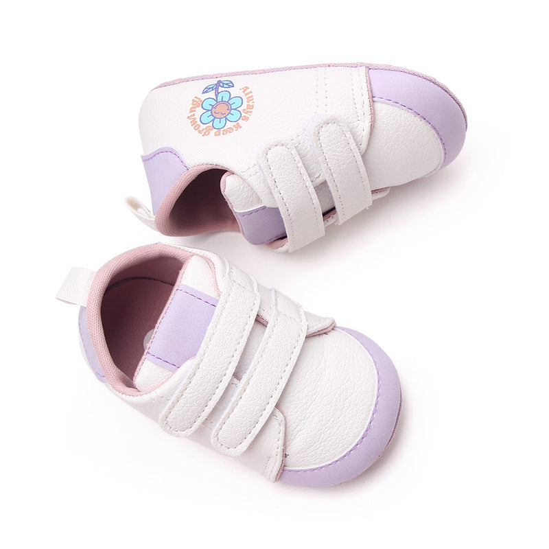 FLOWER PRINT DOUBLE VELCRO BOOTIES - WHITE & PURPLE