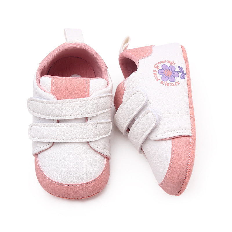 FLOWER PRINT DOUBLE VELCRO BOOTIES - WHITE & PINK