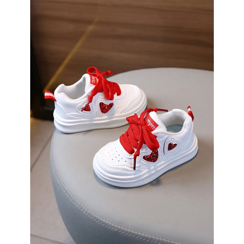 Glittered Heart Patch Velcro Closure Sneakers - Red