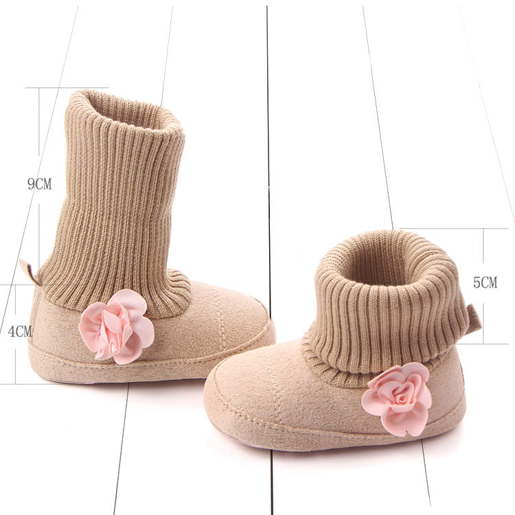 FLOWER APPLIQUE SOCKS STYLE HIGH TOP BOOTIES - BEIGE