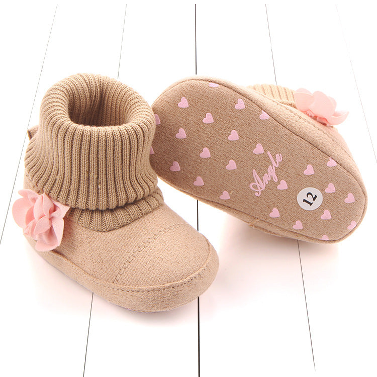 FLOWER APPLIQUE SOCKS STYLE HIGH TOP BOOTIES - BEIGE