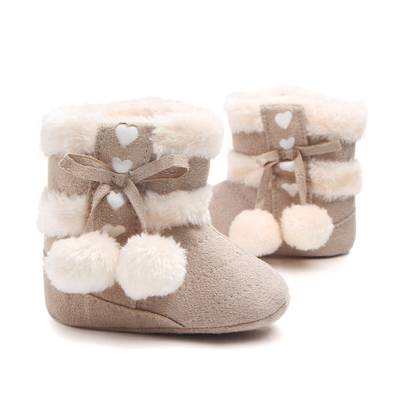 HEART PRINT POM POM APPLIQUE HIGH TOP BOOTIES - BEIGE