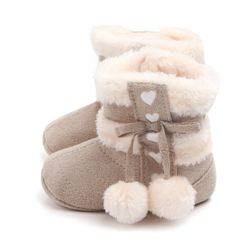 HEART PRINT POM POM APPLIQUE HIGH TOP BOOTIES - BEIGE