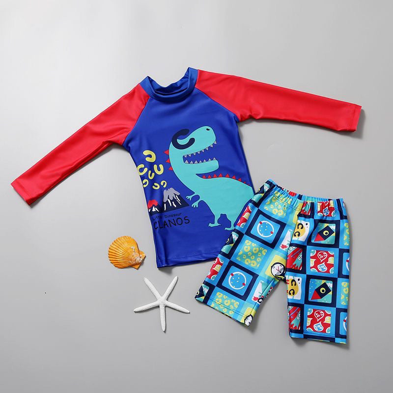 FULL SLEEVES DINO PRINT 2 PIECE SWIMSUIT - BLUE & RED