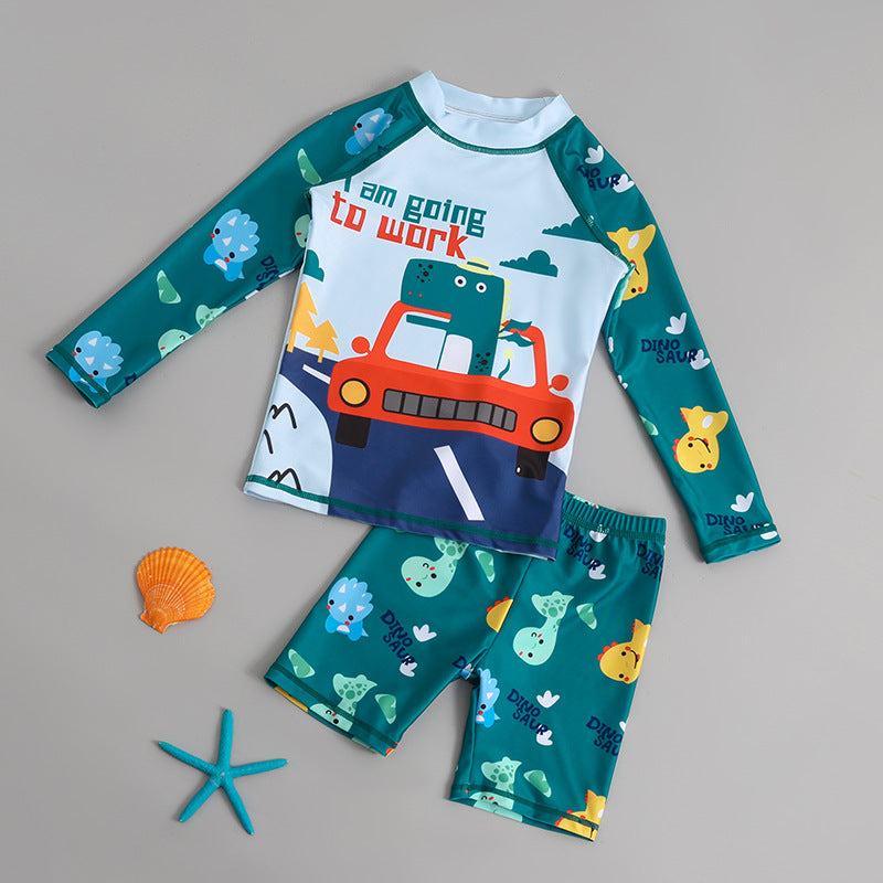 FULL SLEEVES GOING TO WORK PRINT 2 PIECE SWIMSUIT - GREEN