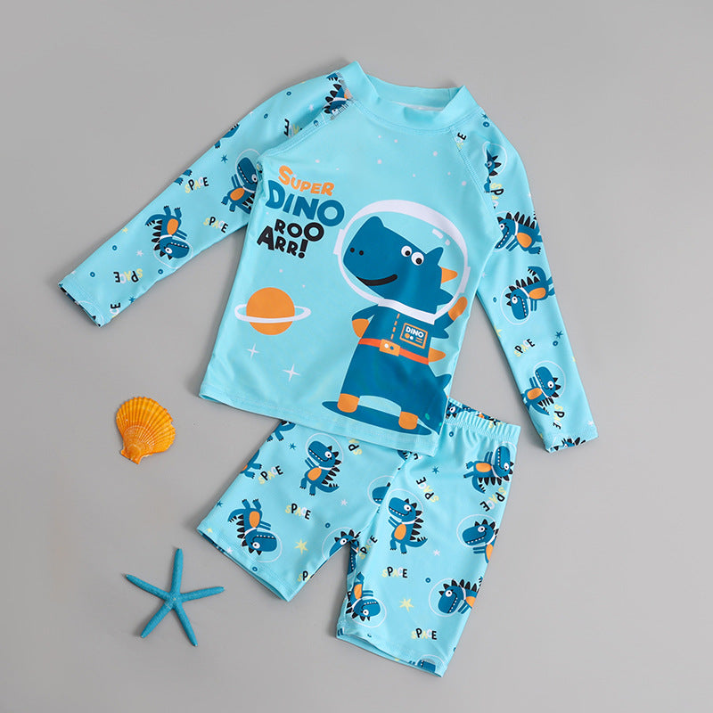 FULL SLEEVES SUPER DINO PRINT 2 PIECE SWIMSUIT - LIGHT BLUE