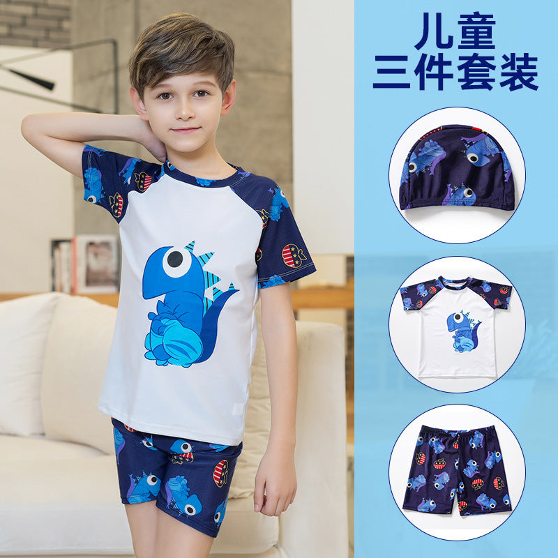 DINO PRINT 2 PIECE SWIMSUIT WITH CAP - WHITE & BLUE