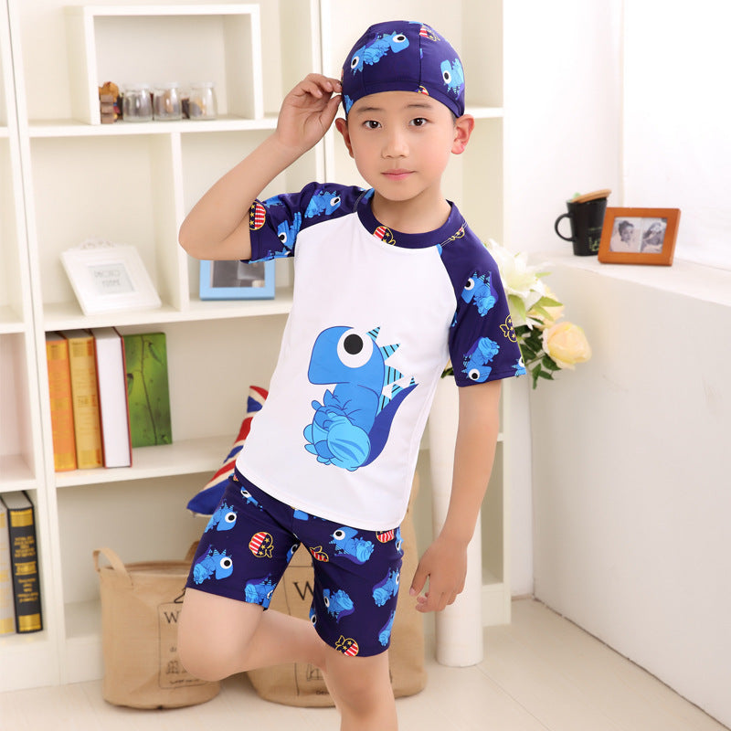 DINO PRINT 2 PIECE SWIMSUIT WITH CAP - WHITE & BLUE