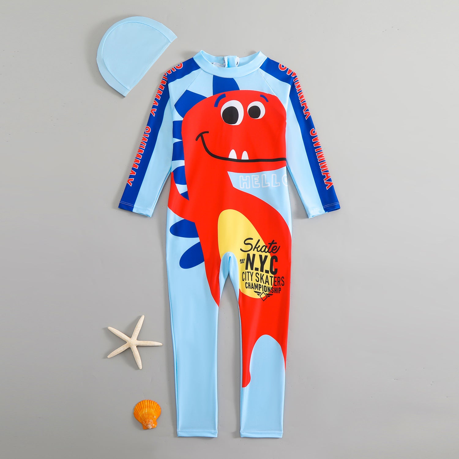 DINOSAUR PRINT SWIMMING BODY SUIT - BLUE & RED