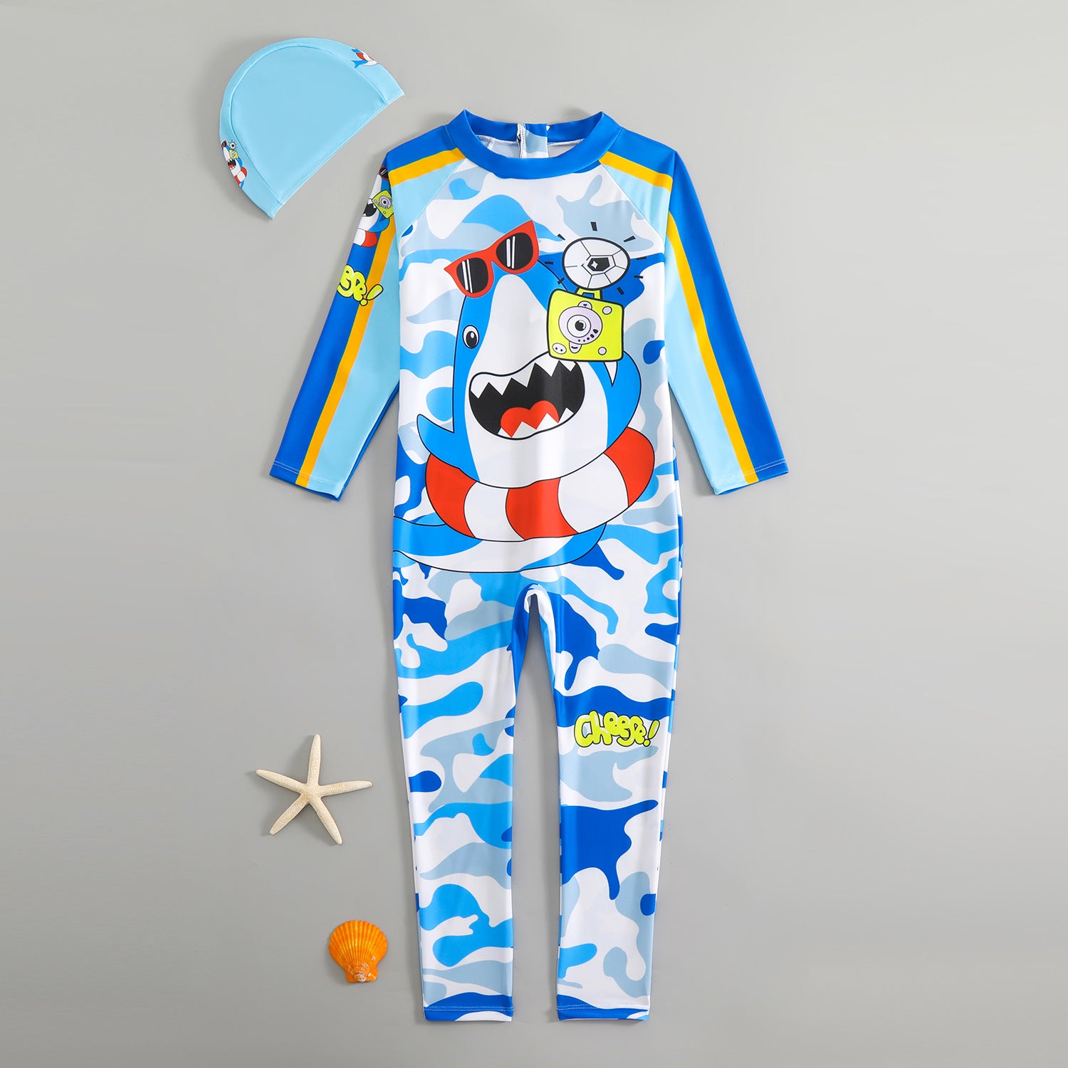 SHARK PRINT SWIMMING BODY SUIT - LIGHT BLUE