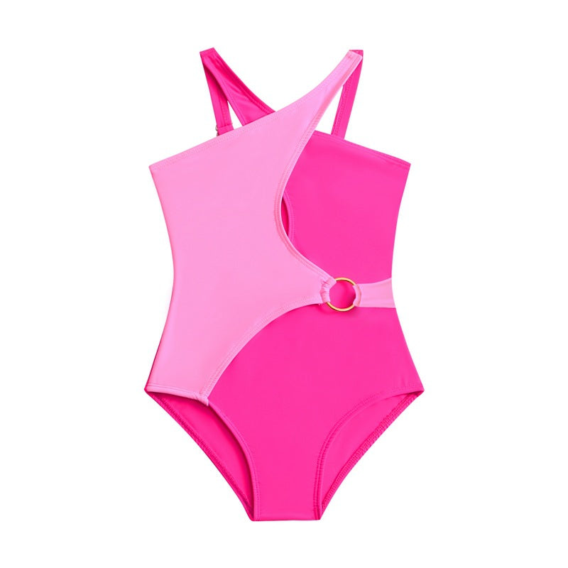 DUAL COLOR BUCKLE APPLIQUE V CUT SWIMSUIT - DARK PINK