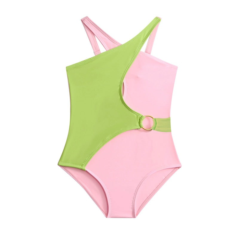 DUAL COLOR BUCKLE APPLIQUE V CUT SWIMSUIT - LIGHT PINK