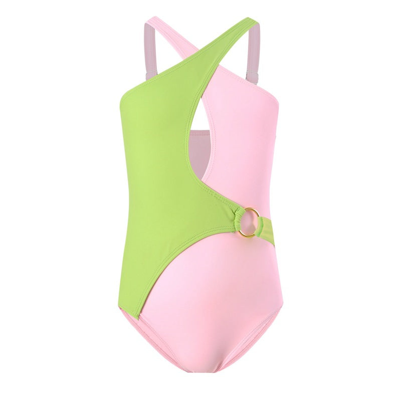 DUAL COLOR BUCKLE APPLIQUE V CUT SWIMSUIT - LIGHT PINK