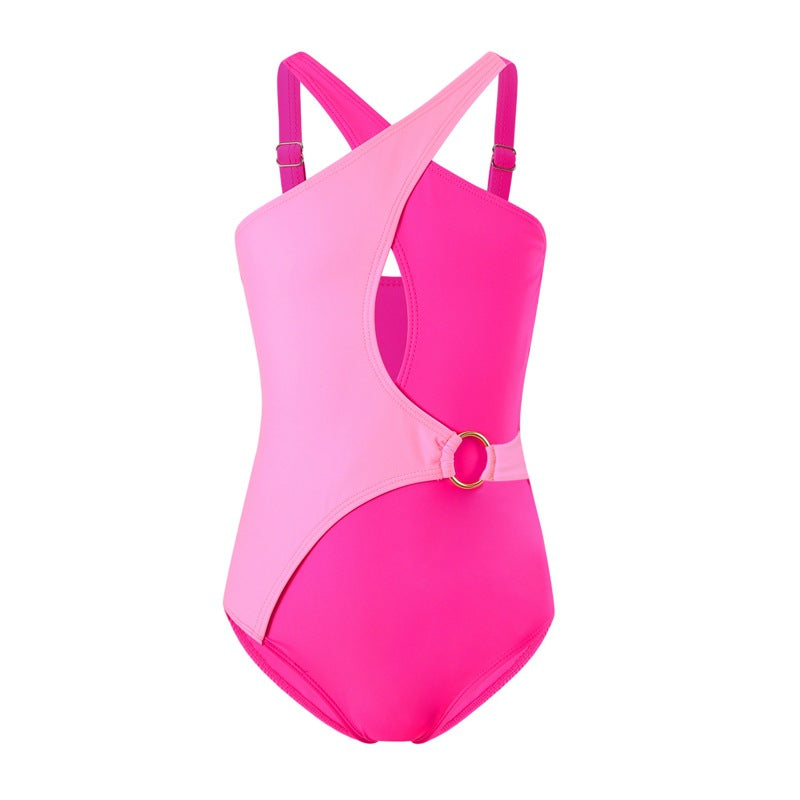 DUAL COLOR BUCKLE APPLIQUE V CUT SWIMSUIT - DARK PINK