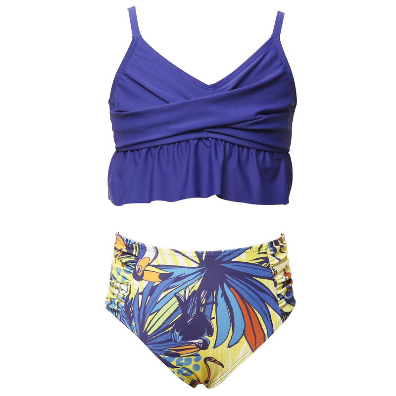 CRISS-CROSS LEAVES PRINTED 2 PIECE SWIMSUIT - BLUE