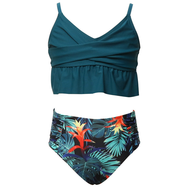 CRISS-CROSS LEAVES PRINTED 2 PIECE SWIMSUIT - GREEN