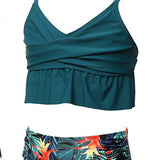 CRISS-CROSS LEAVES PRINTED 2 PIECE SWIMSUIT - GREEN