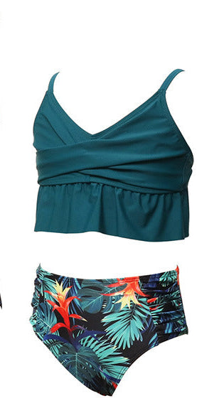 CRISS-CROSS LEAVES PRINTED 2 PIECE SWIMSUIT - GREEN