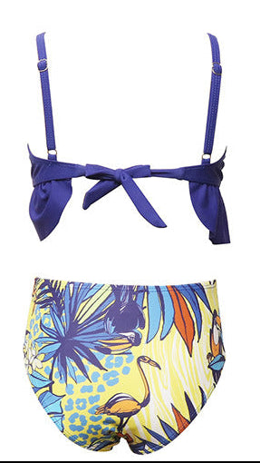 CRISS-CROSS LEAVES PRINTED 2 PIECE SWIMSUIT - BLUE