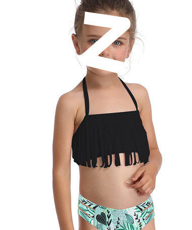 HALTER NACK FRILL APPLIQUE 2 PIECE SWIMSUIT - BLACK & GREEN