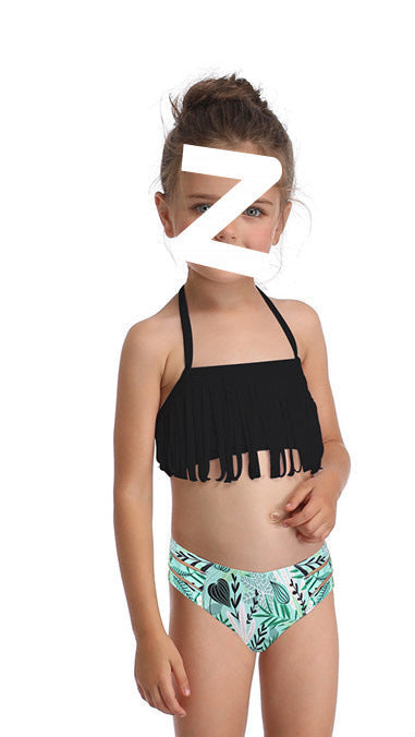 HALTER NACK FRILL APPLIQUE 2 PIECE SWIMSUIT - BLACK & GREEN