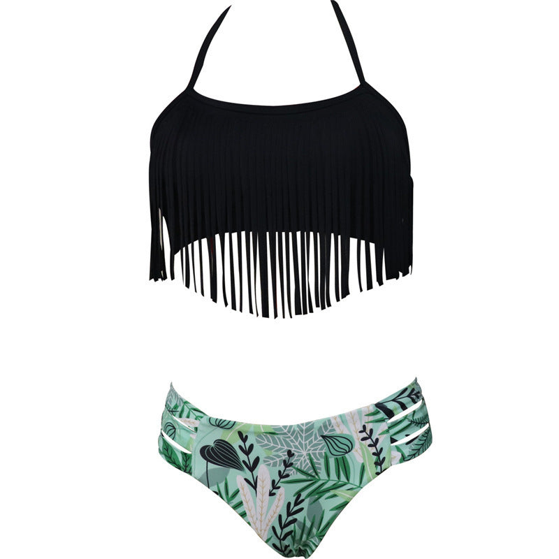 HALTER NACK FRILL APPLIQUE 2 PIECE SWIMSUIT - BLACK & GREEN